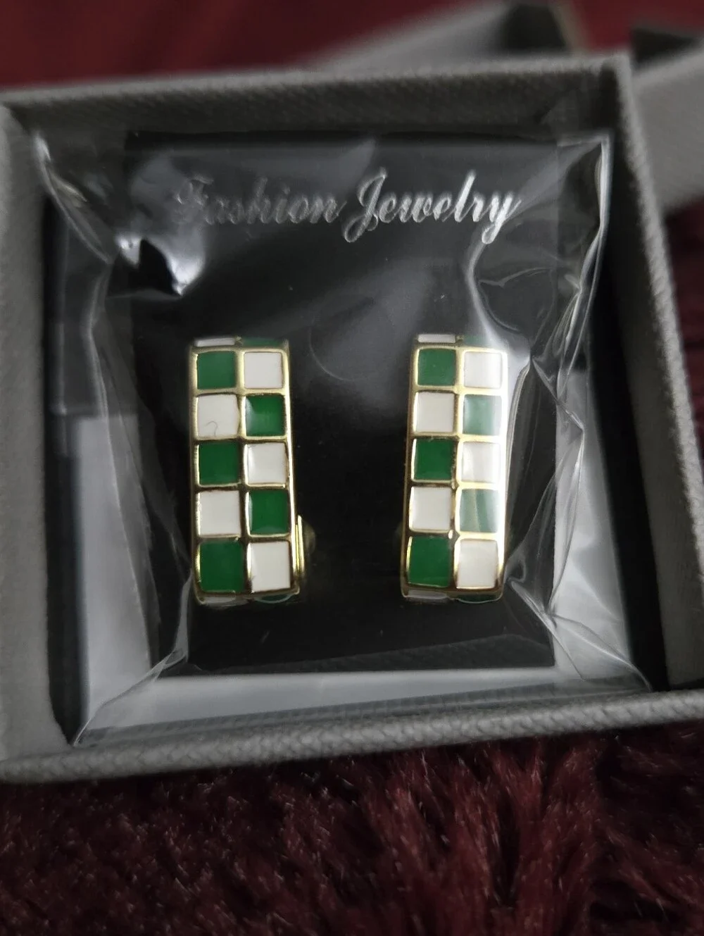 Gold-Tone Green & White Rectangle Huggies